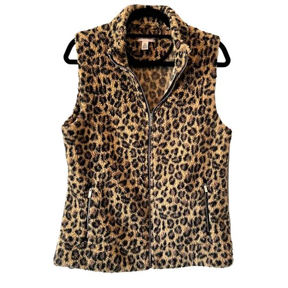 CALVIN KLEIN Sherpa Full Zip Faux Fun Leopard Print Soft Sleeveless Vest Sz M - Picture 1 of 7